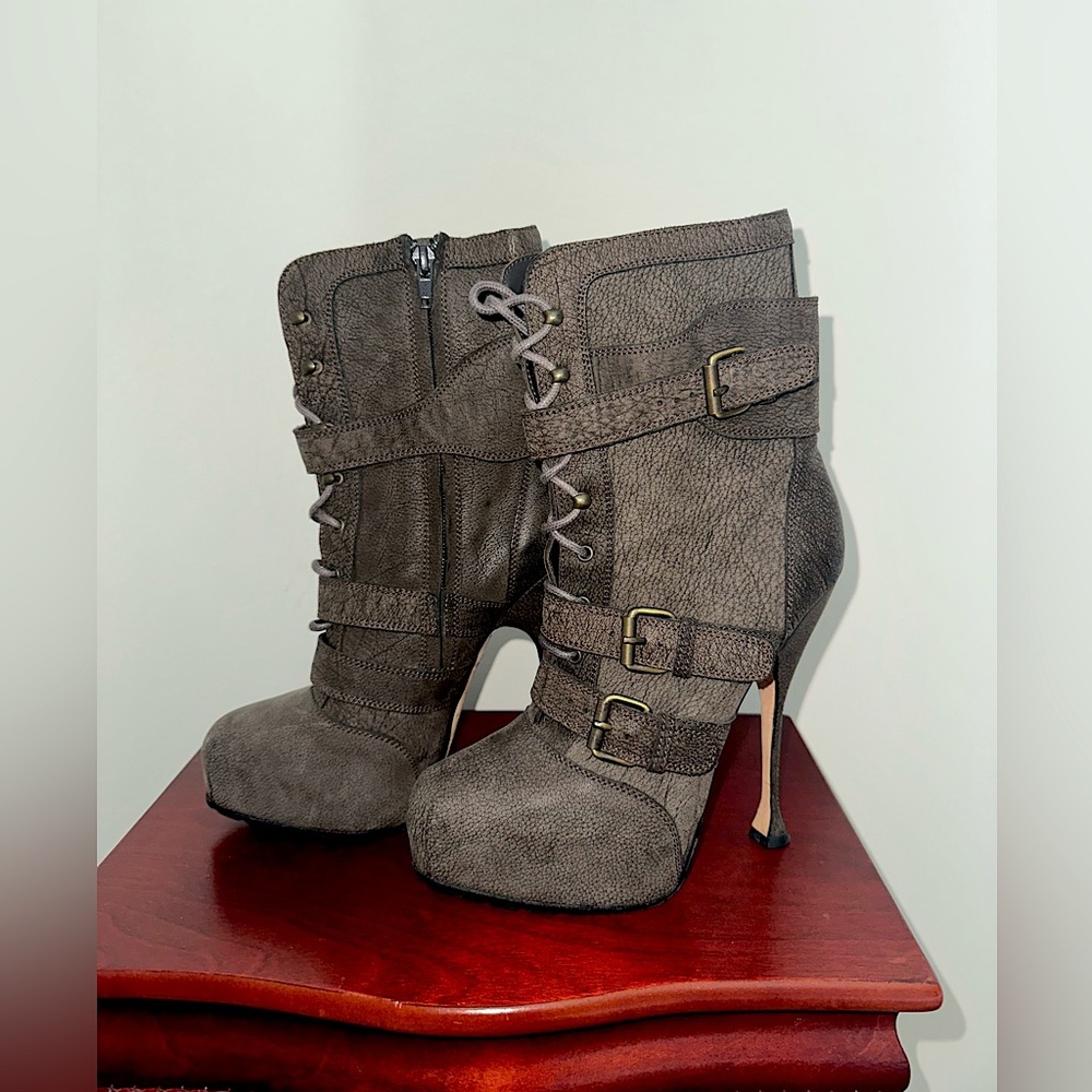 Brian Atwood NIKI Suede Buckled High Heel Boots - SIZE: EU 38, US Size 7